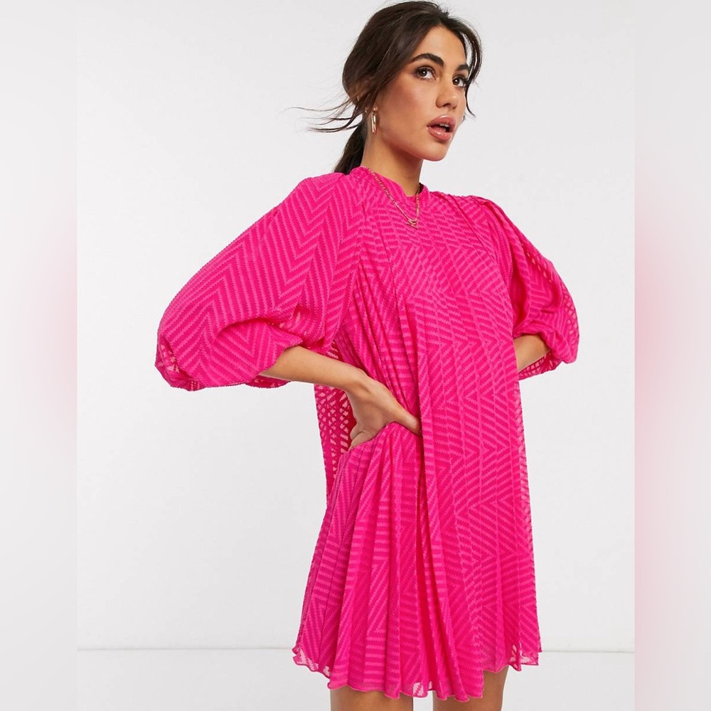 Asos pleated trapeze mini dress hot pink